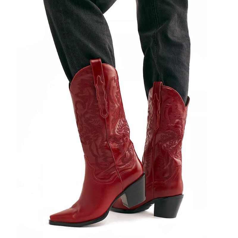 Plus Size Retro Dam Blommig Chunky Heel Cowboystövlar Med Mitten Av Vaden