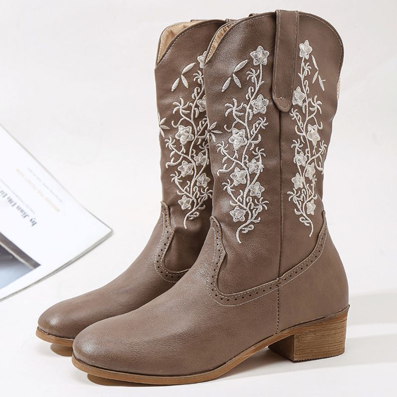 Retro Flowers Square Toe Slip On Mid-Calf Block Heel Cowboy Stövlar Boots För Kvinnor