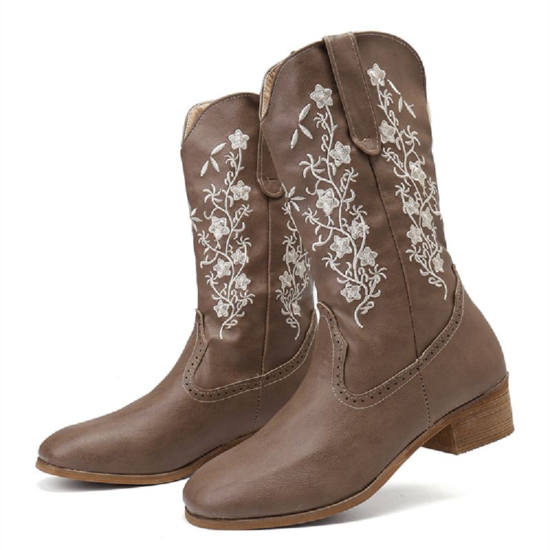 Retro Flowers Square Toe Slip On Mid-Calf Block Heel Cowboy Stövlar Boots För Kvinnor