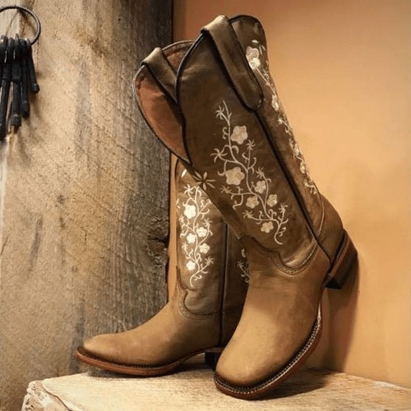 Retro Flowers Square Toe Slip On Mid-Calf Block Heel Cowboy Stövlar Boots För Kvinnor