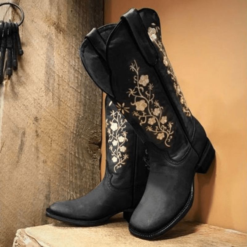 Retro Flowers Square Toe Slip On Mid-Calf Block Heel Cowboy Stövlar Boots För Kvinnor