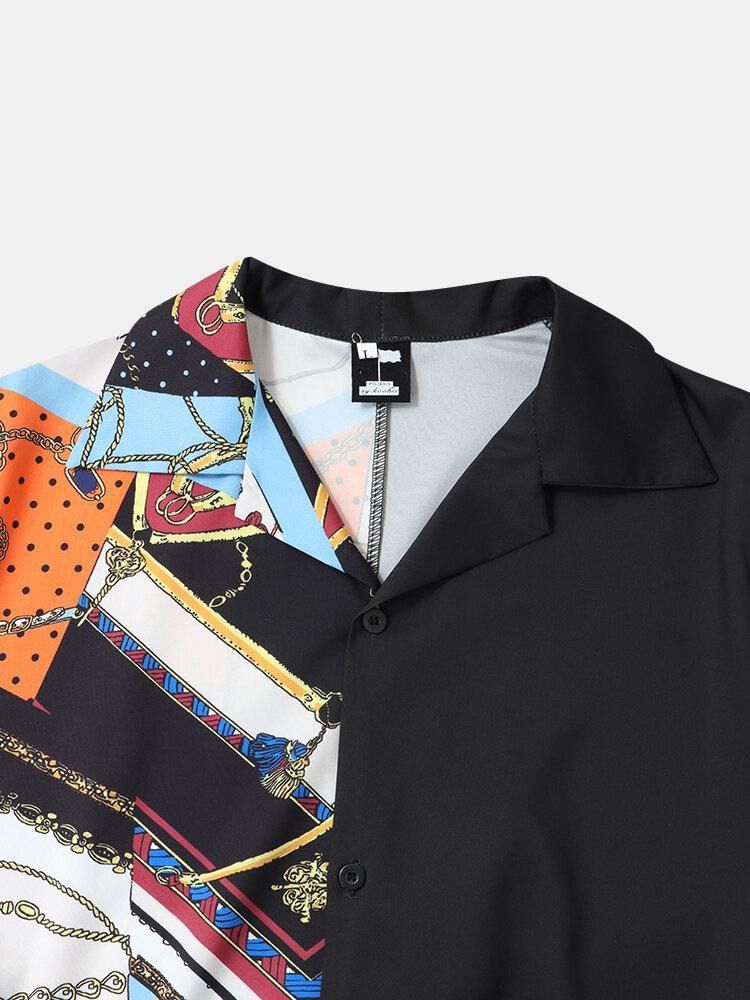 Casual Barocktryck Patchwork Revere Collar Shirts För Män