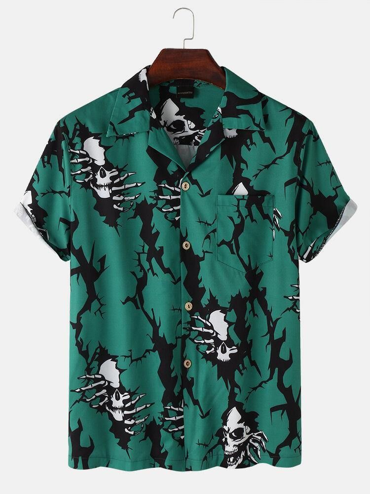 Casual Revere Krage Skull Print Pocket Shirts För Män