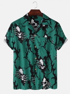 Casual Revere Krage Skull Print Pocket Shirts För Män