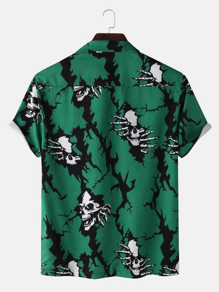 Casual Revere Krage Skull Print Pocket Shirts För Män