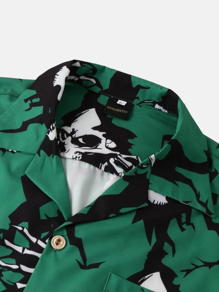 Casual Revere Krage Skull Print Pocket Shirts För Män