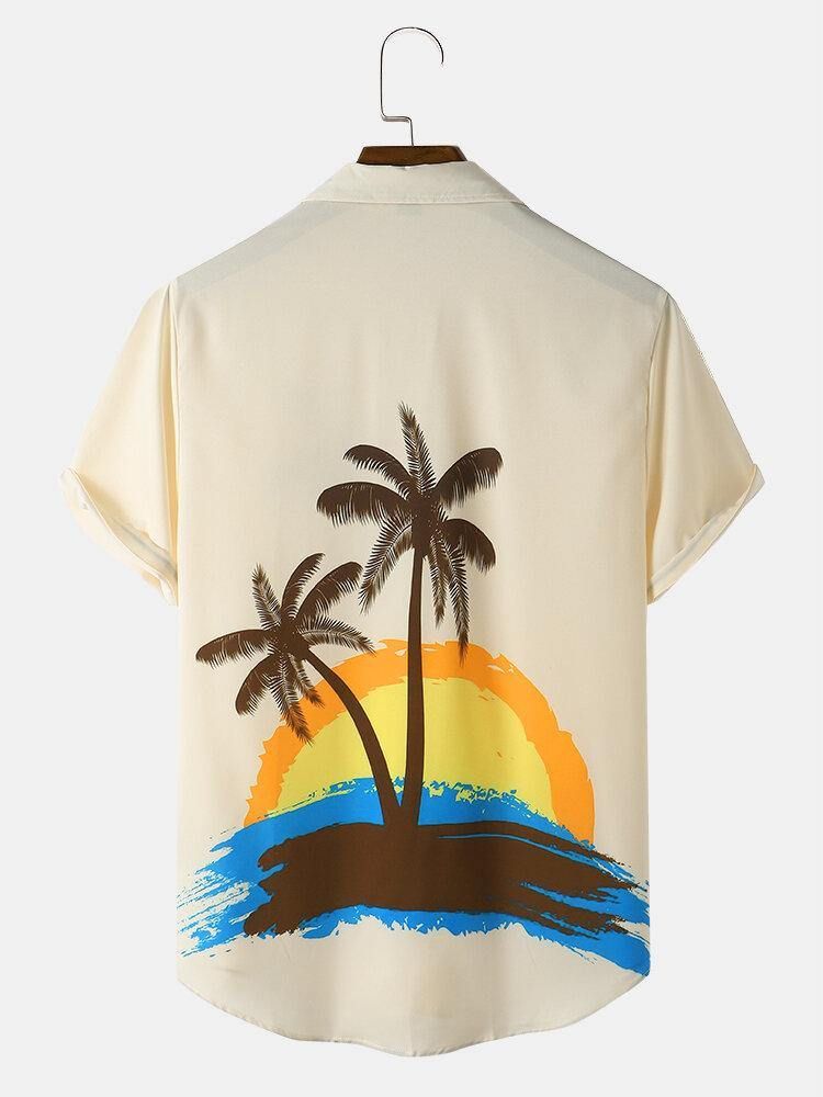 Coconut Tree Print Lapel Shirts För Män