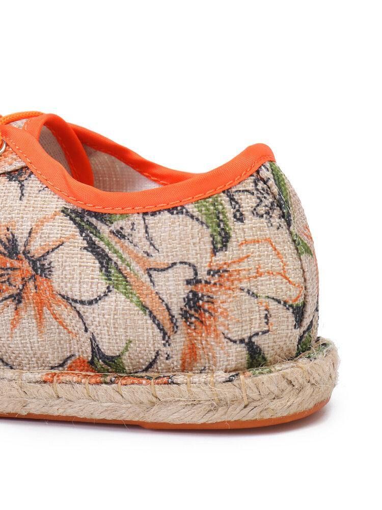 Blommönstertryckt Linnetyg Bekväm Ventilerande Bärbar Snörning Casual Espadrille-Skor