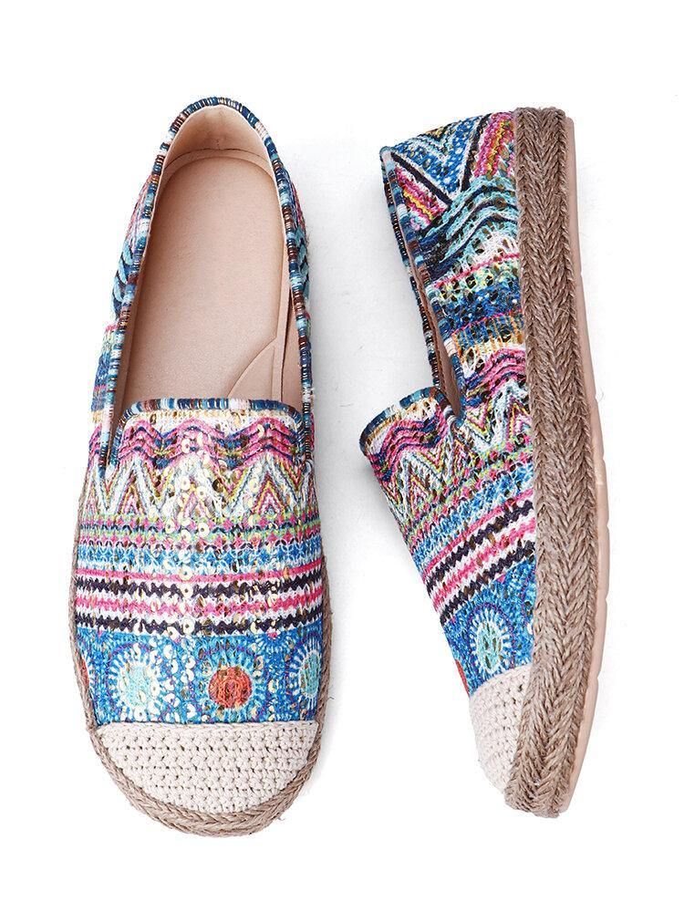 Bohemian Pattern Hollow Out Mesh-Tyg Bekväm Bärbar Slip On Casual Espadrille Platta Skor