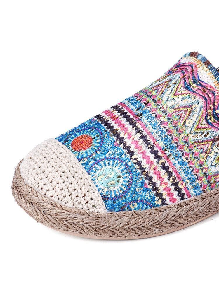 Bohemian Pattern Hollow Out Mesh-Tyg Bekväm Bärbar Slip On Casual Espadrille Platta Skor