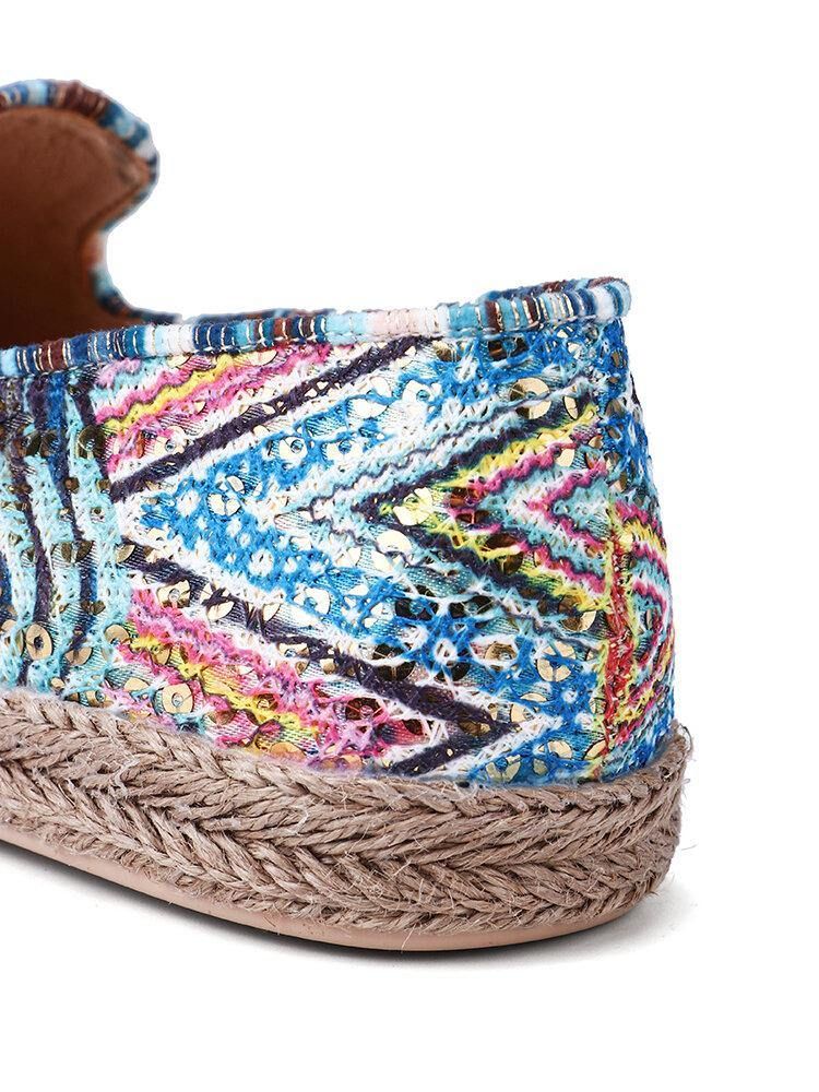 Bohemian Pattern Hollow Out Mesh-Tyg Bekväm Bärbar Slip On Casual Espadrille Platta Skor