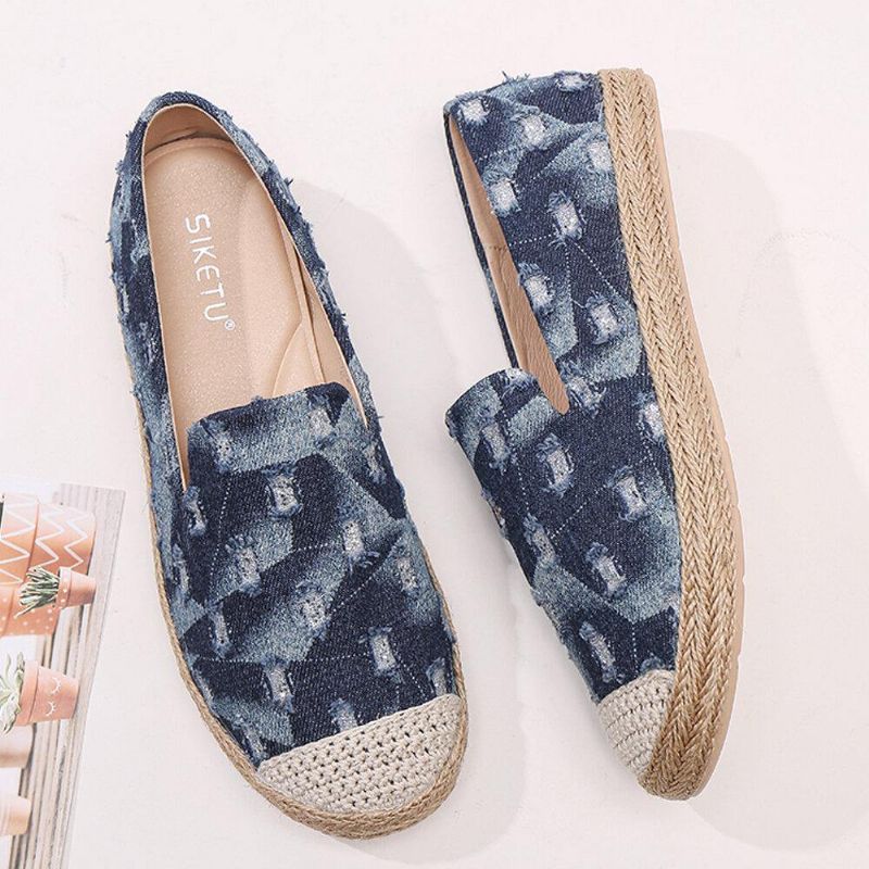 Dam Comfy Denim Ripped Design Espadrilles Platta Skor Loafers