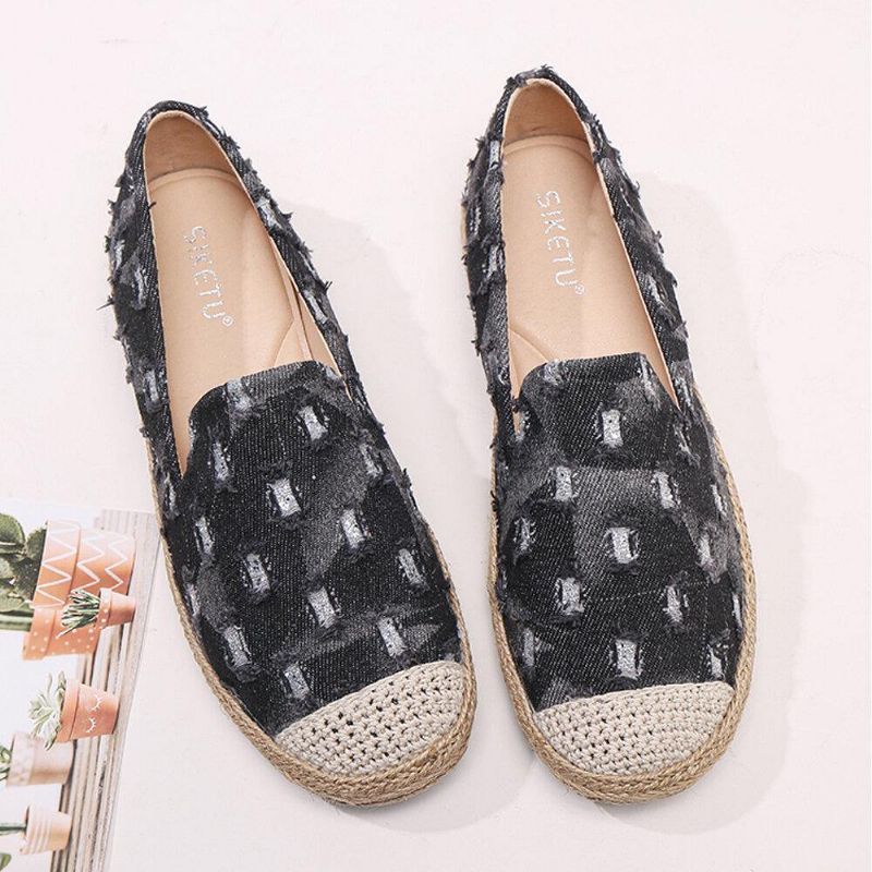 Dam Comfy Denim Ripped Design Espadrilles Platta Skor Loafers