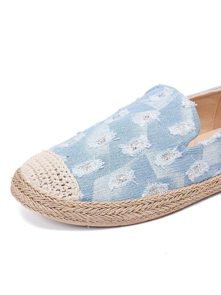 Dam Comfy Denim Ripped Design Espadrilles Platta Skor Loafers