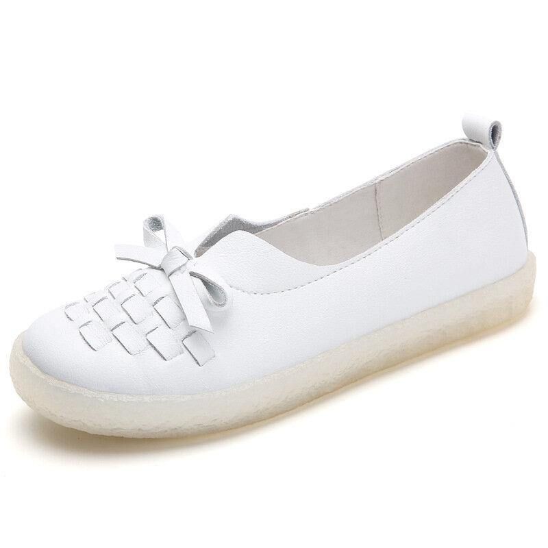 Damläder Slip On Enfärgad Vävd Bowknot Asakuchi Platta Skor Loafers Skor