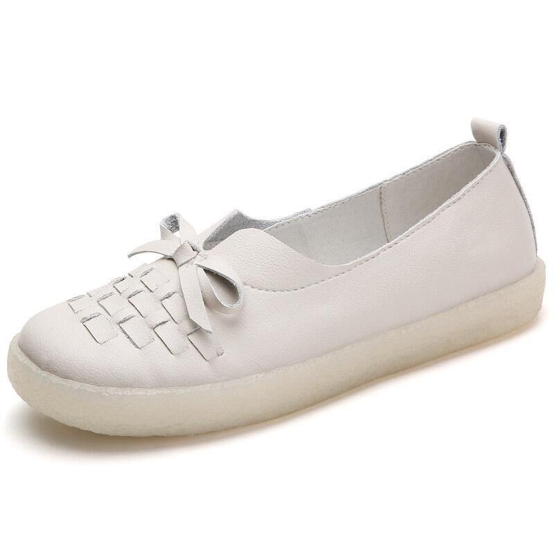 Damläder Slip On Enfärgad Vävd Bowknot Asakuchi Platta Skor Loafers Skor