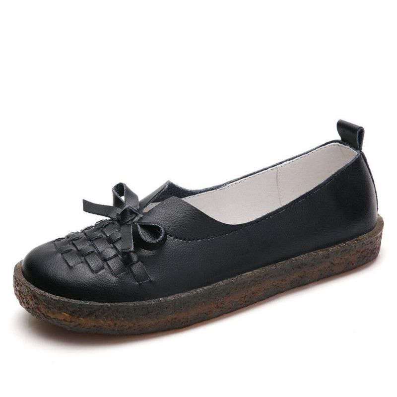 Damläder Slip On Enfärgad Vävd Bowknot Asakuchi Platta Skor Loafers Skor