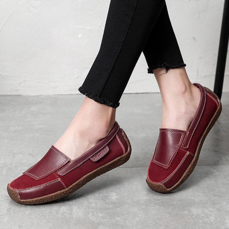 Kvinnor Comfy Läder Splicing Mjuk Slip On Flat Loafers