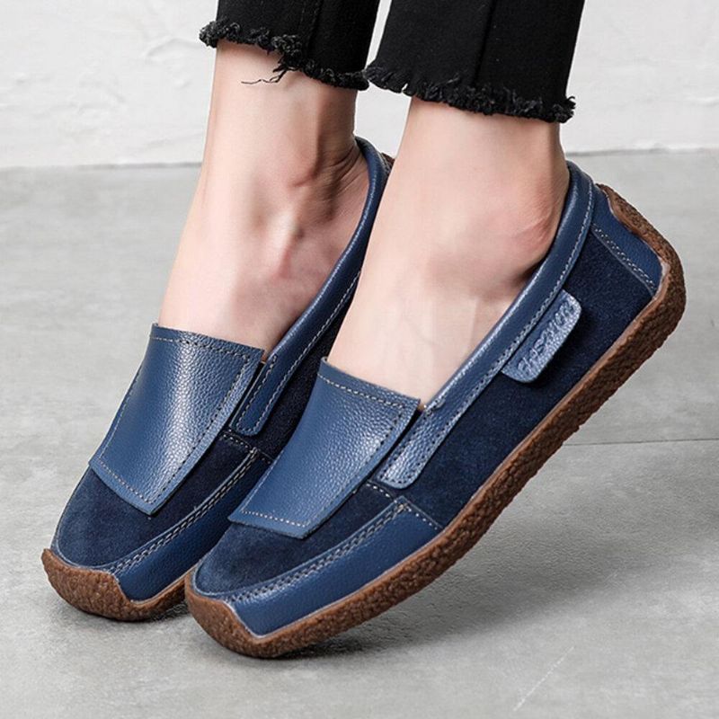 Kvinnor Comfy Läder Splicing Mjuk Slip On Flat Loafers