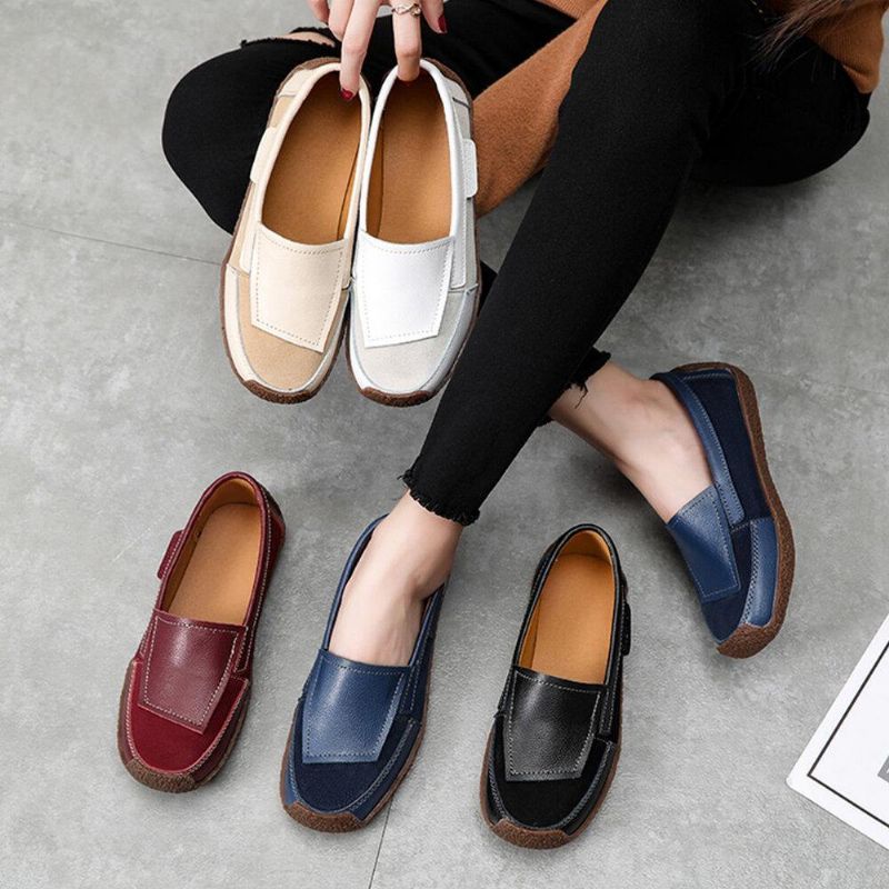 Kvinnor Comfy Läder Splicing Mjuk Slip On Flat Loafers