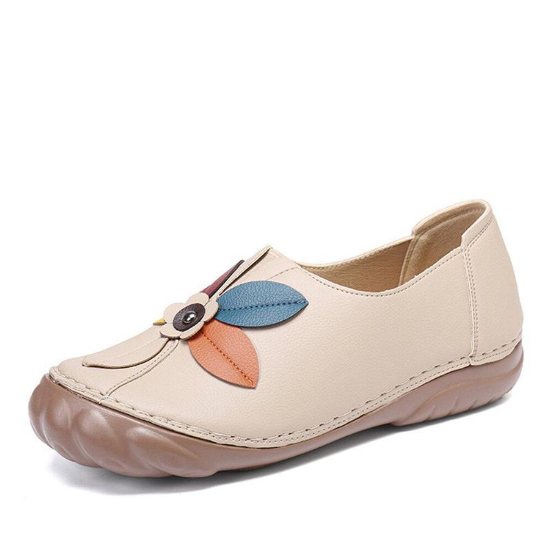 Kvinnor Retro Flower Stitching Bekväma Rund Tå Slip On Flat Loafers Skor