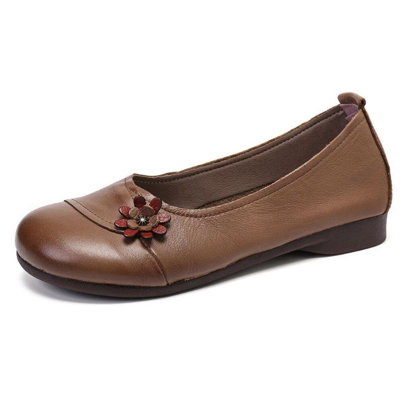 Kvinnors Läderblommor Slip On Platta Skor Loafers Skor