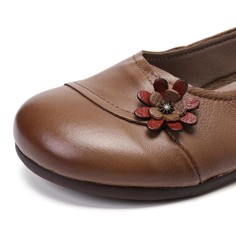 Kvinnors Läderblommor Slip On Platta Skor Loafers Skor