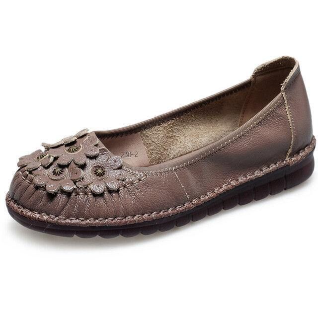 Retro Blomsterdekor Bekvämt Läder Halkfri Mjuk Sula Casual Slip-On Platta Skor