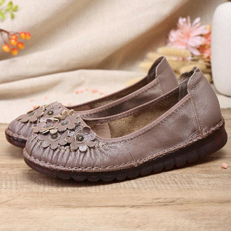 Retro Blomsterdekor Bekvämt Läder Halkfri Mjuk Sula Casual Slip-On Platta Skor