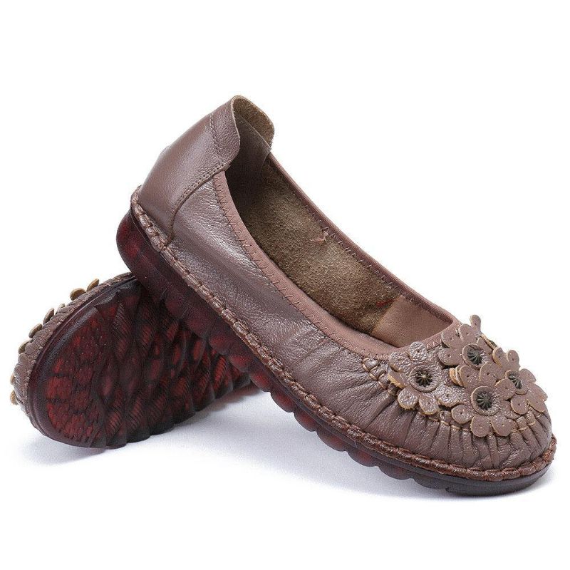 Retro Blomsterdekor Bekvämt Läder Halkfri Mjuk Sula Casual Slip-On Platta Skor