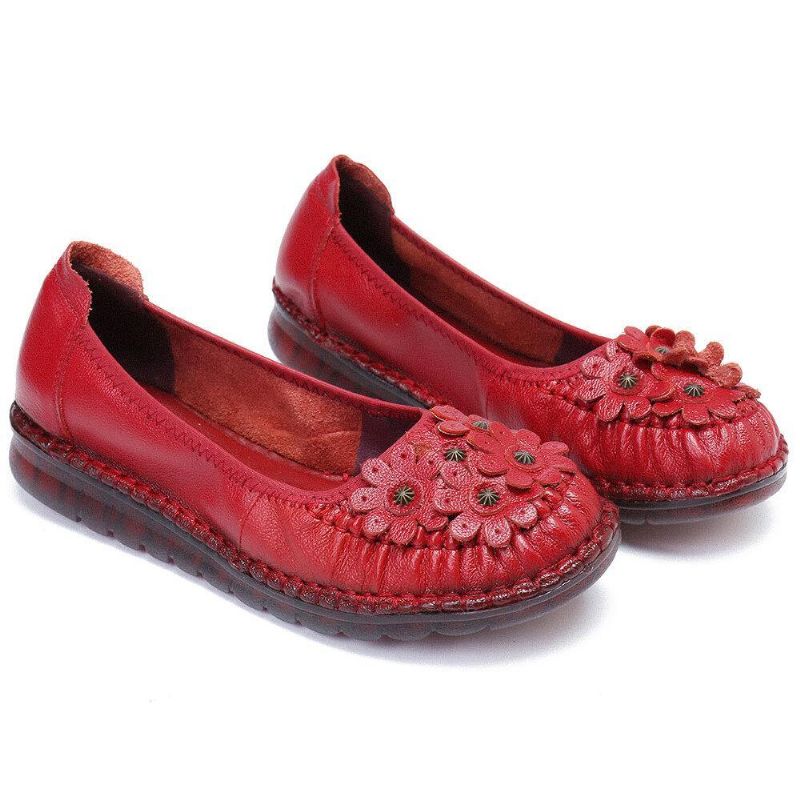 Retro Blomsterdekor Bekvämt Läder Halkfri Mjuk Sula Casual Slip-On Platta Skor