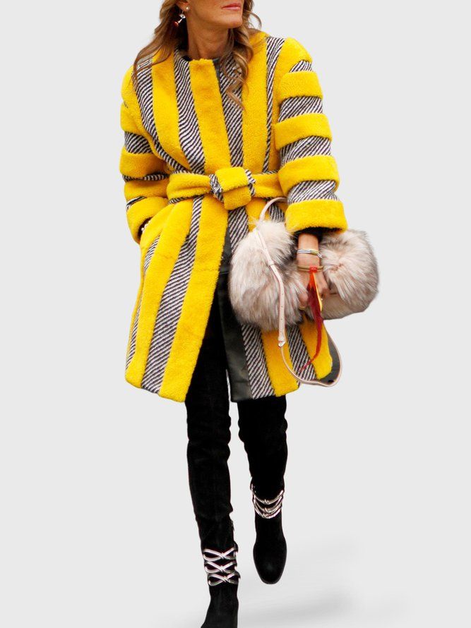 Crew Neck Långärmad Color Block Teddy Coat