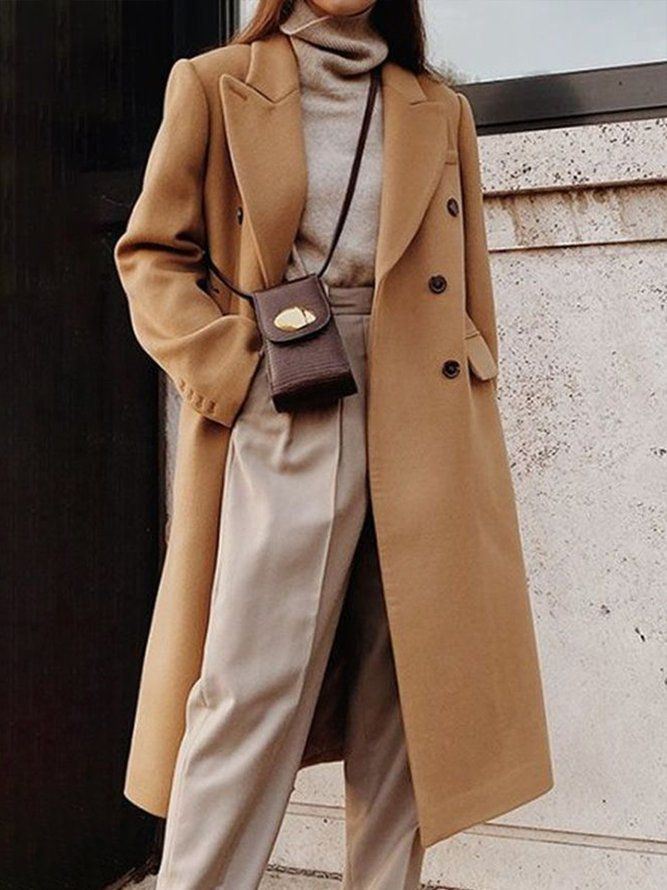 Khaki Daily Långärmad Lapel Collar Urban Plain Overcoat