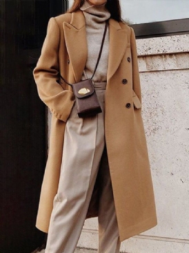 Khaki Daily Långärmad Lapel Collar Urban Plain Overcoat