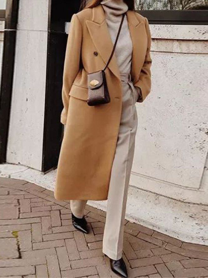 Khaki Daily Långärmad Lapel Collar Urban Plain Overcoat