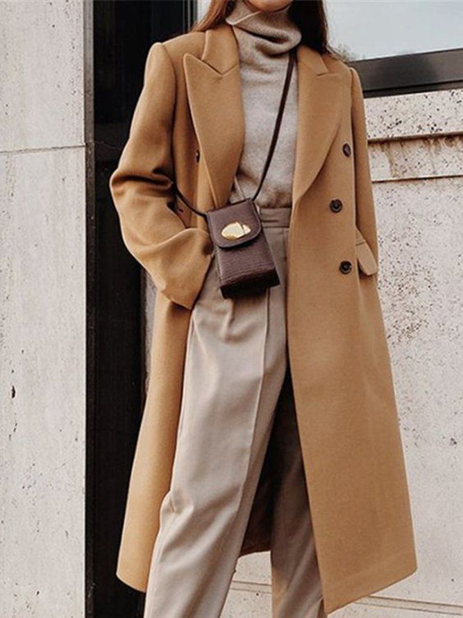 Khaki Daily Långärmad Lapel Collar Urban Plain Overcoat