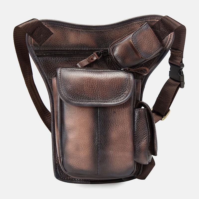 Män Äkta Läder Multi-Carry Retro 7-Tums Telefonkamera Utomhus Midjeväska Crossbody-Väska