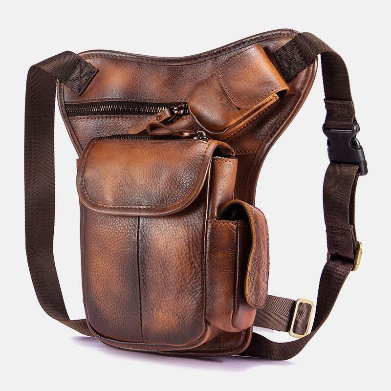 Män Äkta Läder Multi-Carry Retro 7-Tums Telefonkamera Utomhus Midjeväska Crossbody-Väska