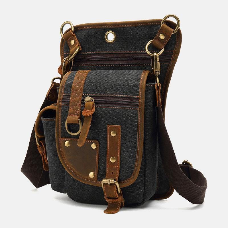 Män Äkta Läder Och Canvas Cykling Utomhus Sport Benväska Midjeväska Crossbody Väska