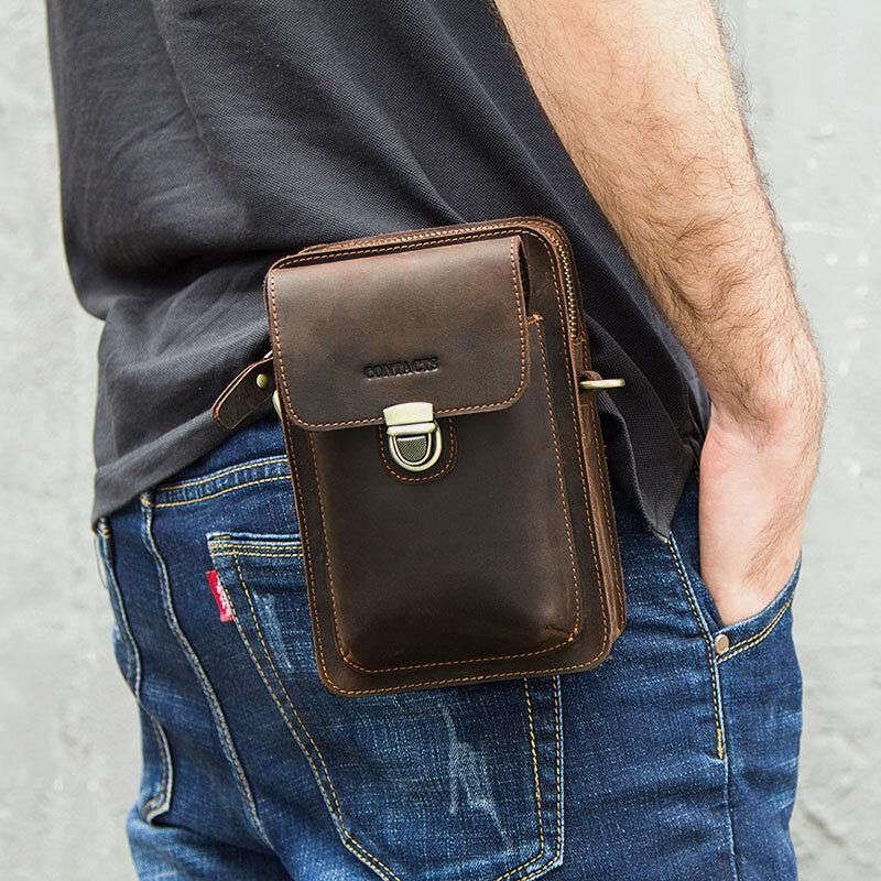 Män Äkta Läder Retro Casual Outdoor Multi-Carry Telefonväska Crossbody-Väska Midjeväska För 5.8 Tums Telefon