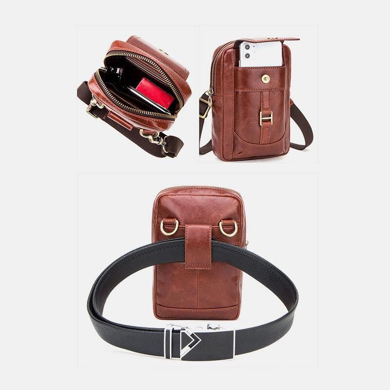 Män Äkta Läder Retro Mode 5.8 Tums Telefonväska Multi-Carry Crossbody Väska Midjeväska