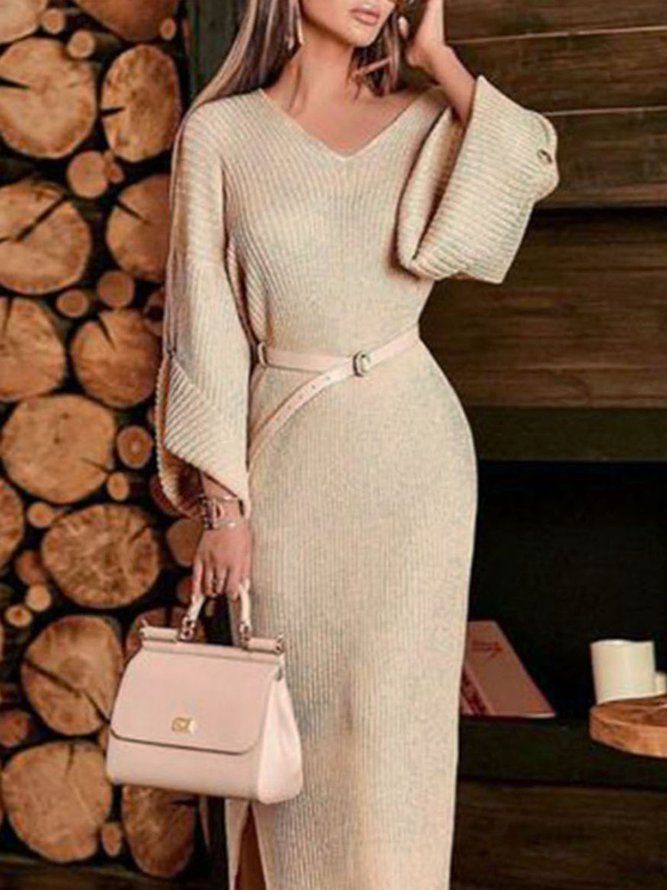 Elegant Plain Loose Split Sweater Dress