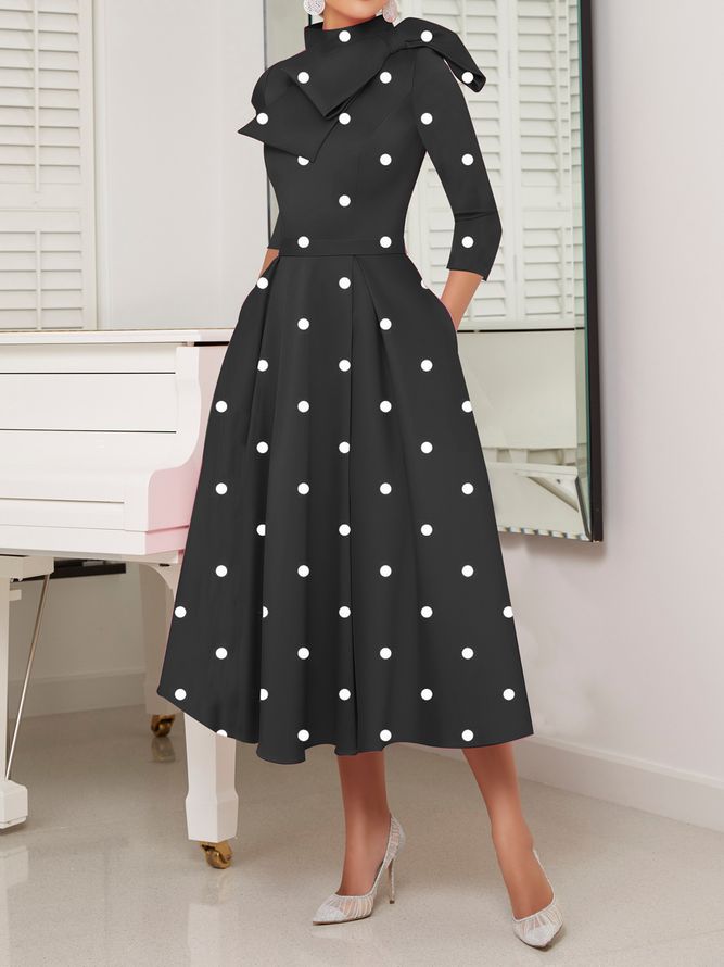 Polka Dots Regular Fit High Elasticity X-Line Stand Collar Eleganta Klänningar