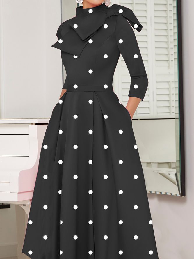 Polka Dots Regular Fit High Elasticity X-Line Stand Collar Eleganta Klänningar