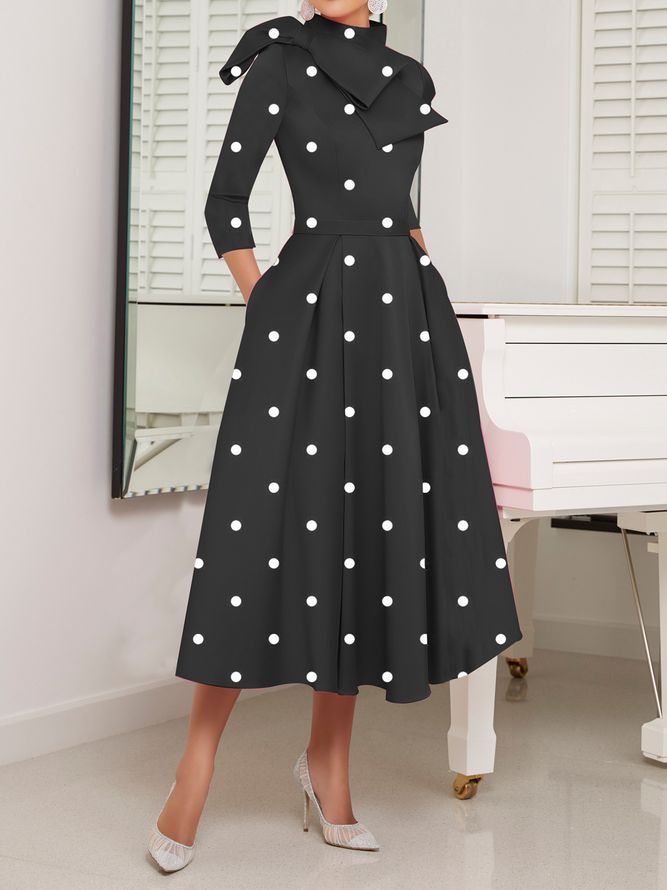 Polka Dots Regular Fit High Elasticity X-Line Stand Collar Eleganta Klänningar