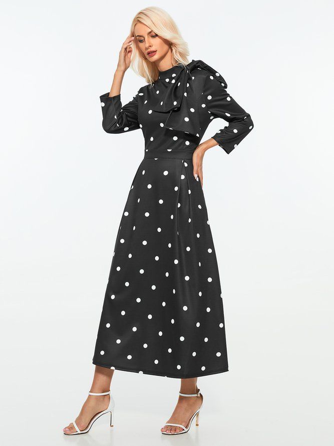 Polka Dots Regular Fit High Elasticity X-Line Stand Collar Eleganta Klänningar