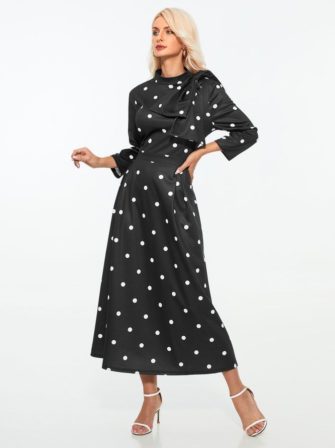 Polka Dots Regular Fit High Elasticity X-Line Stand Collar Eleganta Klänningar