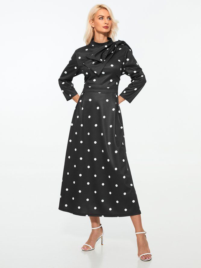 Polka Dots Regular Fit High Elasticity X-Line Stand Collar Eleganta Klänningar