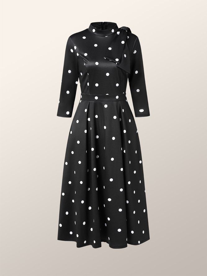 Polka Dots Regular Fit High Elasticity X-Line Stand Collar Eleganta Klänningar