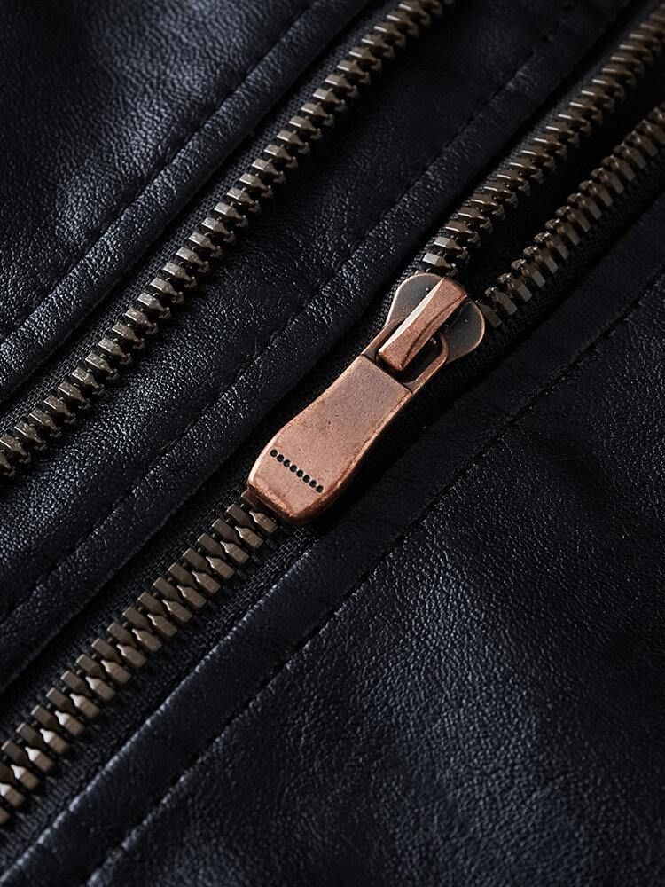 Män Pocket Lapel Zip-Up Sashes Pu-Läderjackor